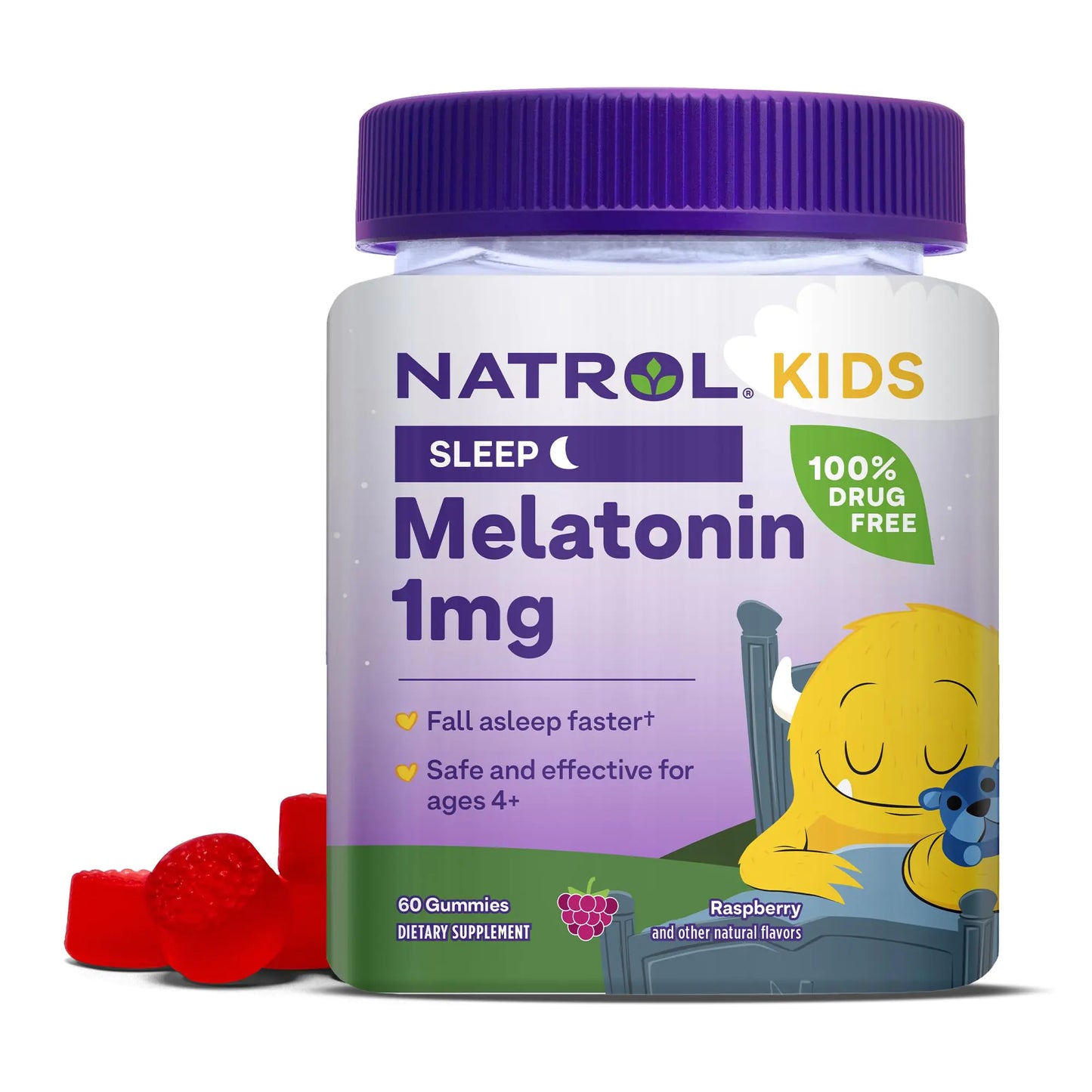 Natrol Kids Melatonin 1mg Supplement for Restful Sleep Sleep Gummies for Children 60 Raspberry-Flavored Melatonin Gummies 60 Day Supply